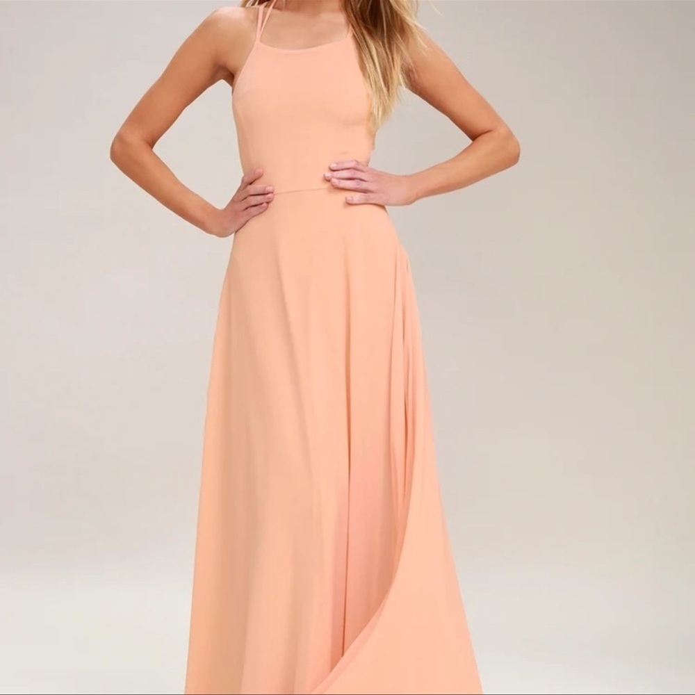 Lulus peach back strap maxi dress brides maid prom